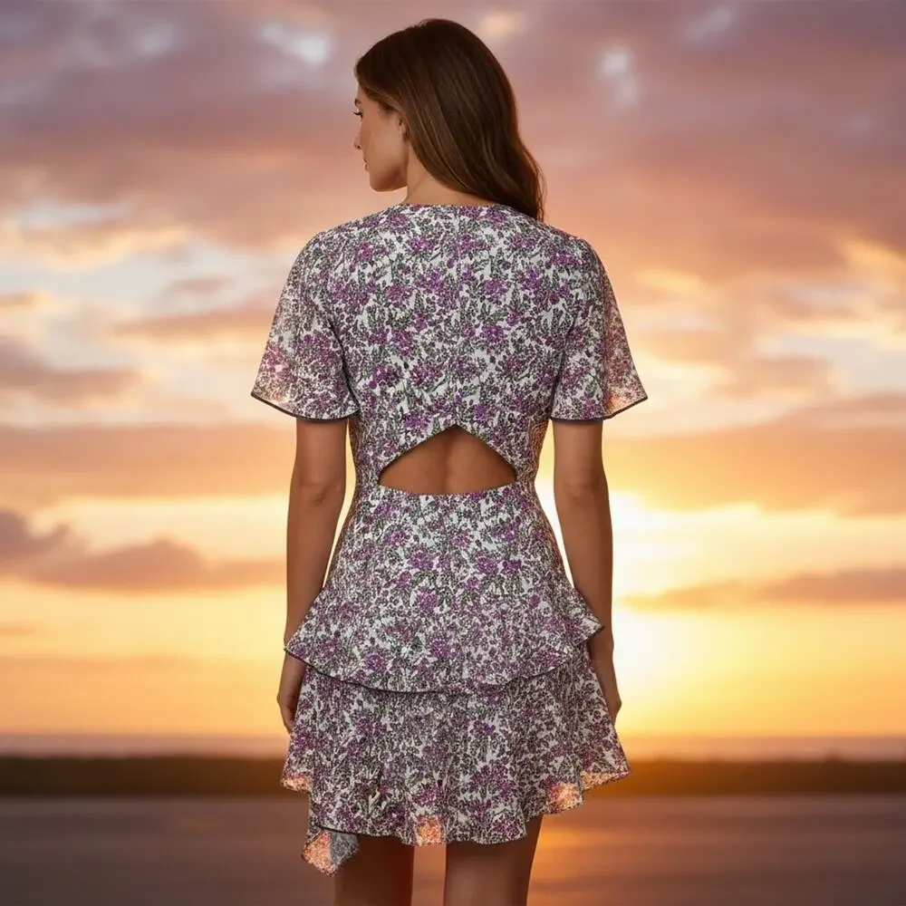StyleStalker White Floral Mini Dress SMALL Ruffle Cottage Party Designer $200